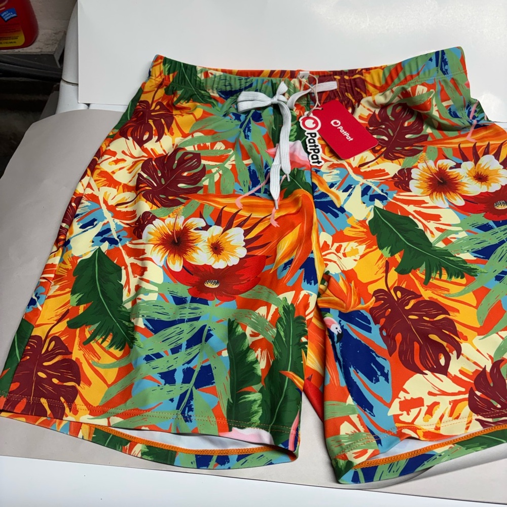 PatPat men’s L BOARDSHORTS Orange Multi Tropical Floral Flamingo swim trunks NWT